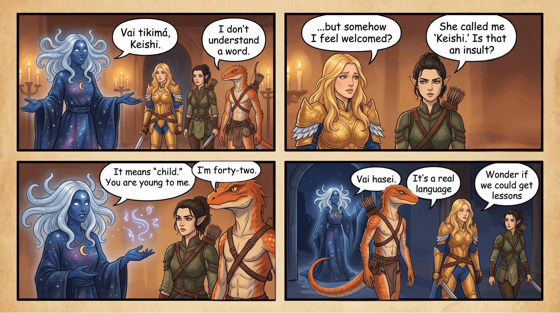 Comic: a Starkin elder greets the party in Aetharikolo while they struggle to follow.